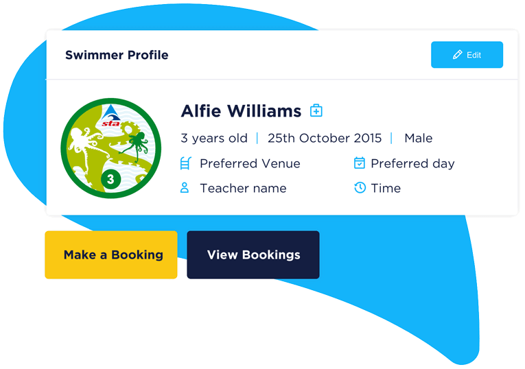 Swimmer profile data. Make a booking and view bookings buttons